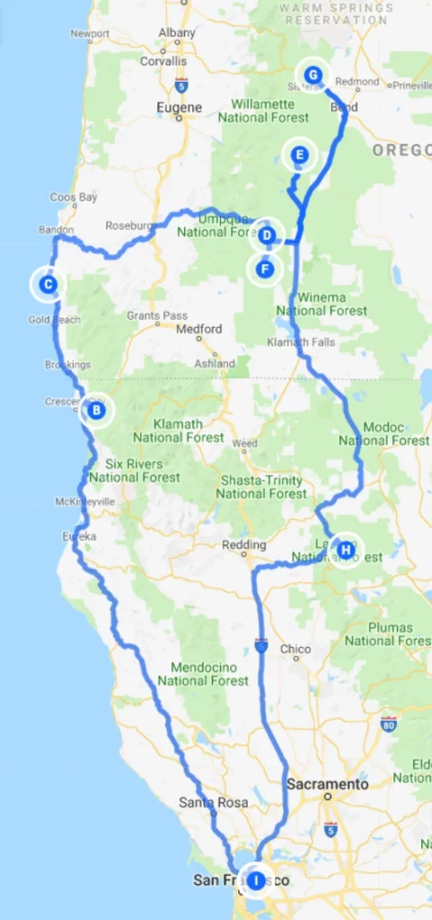 NORTHERN CALIFORNIA & OREGON ROUTE MAP